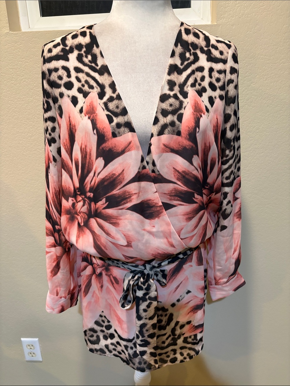 Marciano Pink and Black Floral Leopard Wrap Mini Dress-Size XS